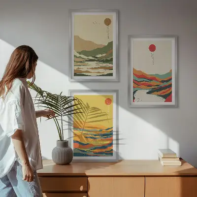 Set od 3 slike u okviru šareni uzorci planina i rijeka u japandi stilu