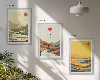 Set od 3 slike u okviru šareni uzorci planina i rijeka u japandi stilu