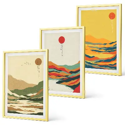 Set od 3 slike u okviru šareni uzorci planina i rijeka u japandi stilu