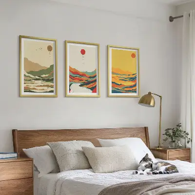 Set od 3 slike u okviru šareni uzorci planina i rijeka u japandi stilu