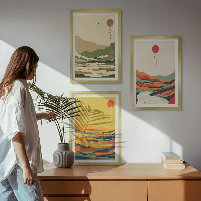 Set od 3 slike u okviru šareni uzorci planina i rijeka u japandi stilu
