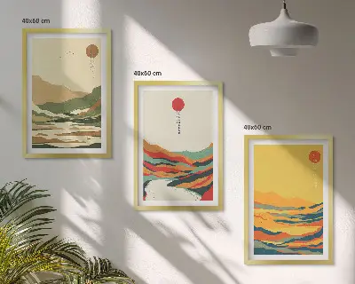 Set od 3 slike u okviru šareni uzorci planina i rijeka u japandi stilu