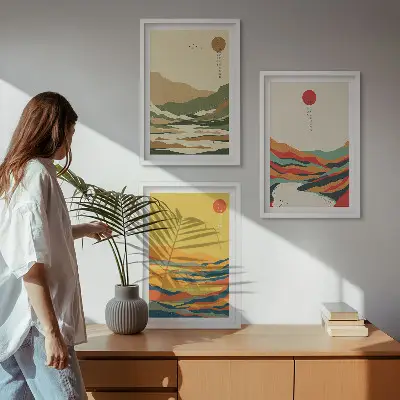 Set od 3 slike u okviru šareni uzorci planina i rijeka u japandi stilu