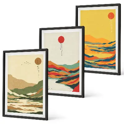 Set od 3 slike u okviru šareni uzorci planina i rijeka u japandi stilu
