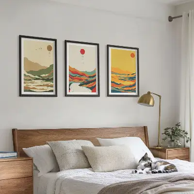 Set od 3 slike u okviru šareni uzorci planina i rijeka u japandi stilu