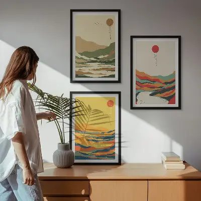Set od 3 slike u okviru šareni uzorci planina i rijeka u japandi stilu