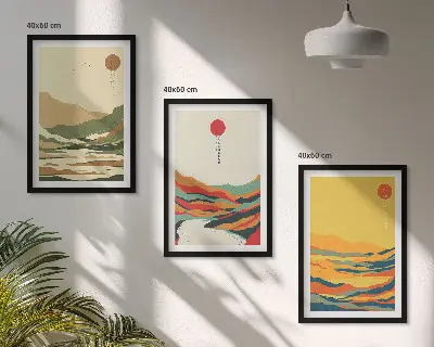 Set od 3 slike u okviru šareni uzorci planina i rijeka u japandi stilu