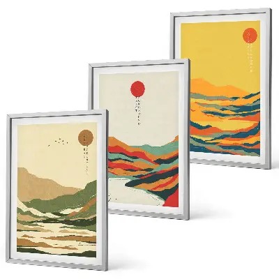 Set od 3 slike u okviru šareni uzorci planina i rijeka u japandi stilu