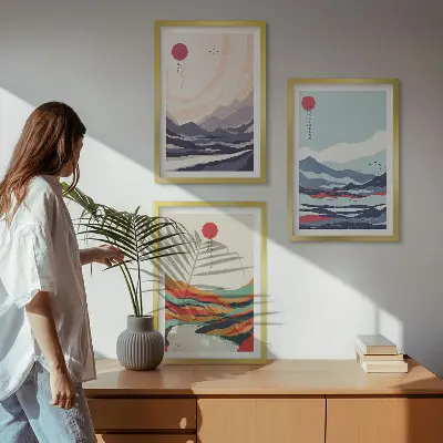 Japanske planinske apstrakcije triptih u okviru