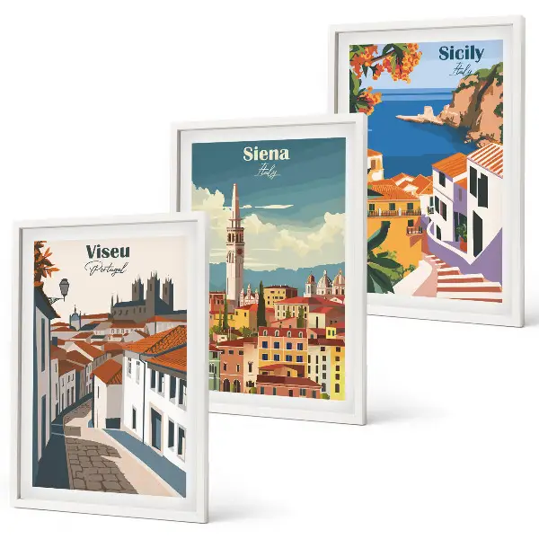 Retro ilustracije svjetskih gradova set od 3 slike u okviru