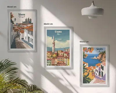 Retro ilustracije svjetskih gradova set od 3 slike u okviru