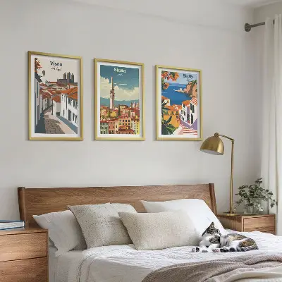 Retro ilustracije svjetskih gradova set od 3 slike u okviru