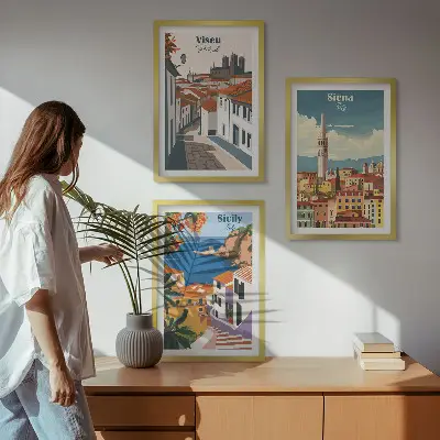Retro ilustracije svjetskih gradova set od 3 slike u okviru