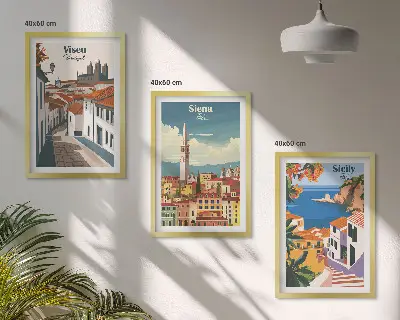 Retro ilustracije svjetskih gradova set od 3 slike u okviru