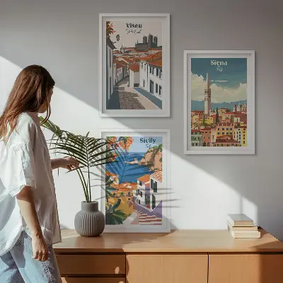 Retro ilustracije svjetskih gradova set od 3 slike u okviru