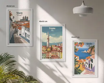 Retro ilustracije svjetskih gradova set od 3 slike u okviru