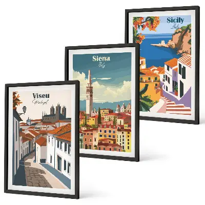 Retro ilustracije svjetskih gradova set od 3 slike u okviru