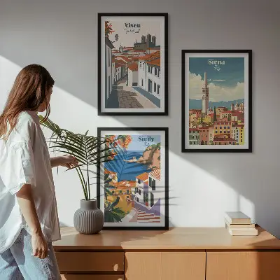 Retro ilustracije svjetskih gradova set od 3 slike u okviru