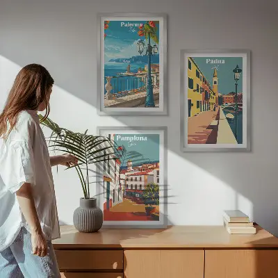 Retro gradske ilustracije triptih u okviru