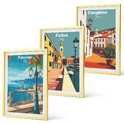 Retro gradske ilustracije triptih u okviru