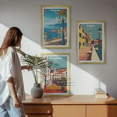 Retro gradske ilustracije triptih u okviru