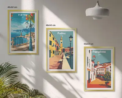 Retro gradske ilustracije triptih u okviru