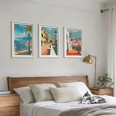 Retro gradske ilustracije triptih u okviru