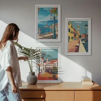 Retro gradske ilustracije triptih u okviru