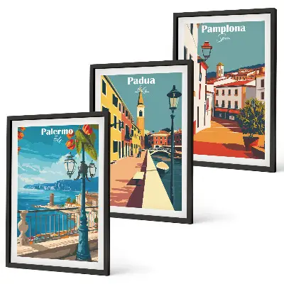 Retro gradske ilustracije triptih u okviru