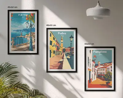 Retro gradske ilustracije triptih u okviru