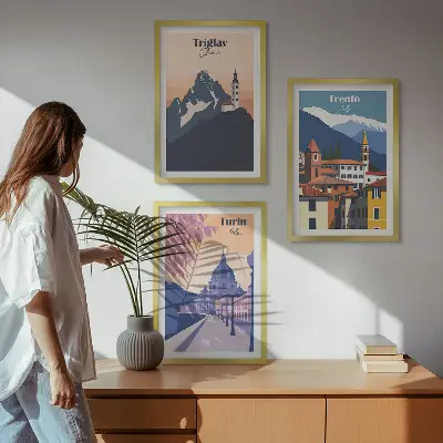 Retro ilustracije planinske arhitekture triptih u okviru