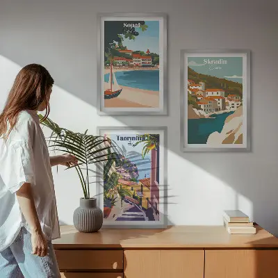 Ilustracije primorskog grada triptih u okviru