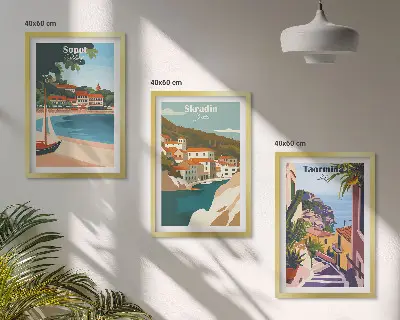 Ilustracije primorskog grada triptih u okviru