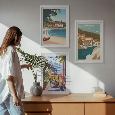 Ilustracije primorskog grada triptih u okviru