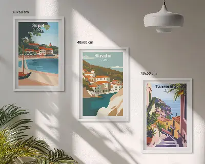 Ilustracije primorskog grada triptih u okviru