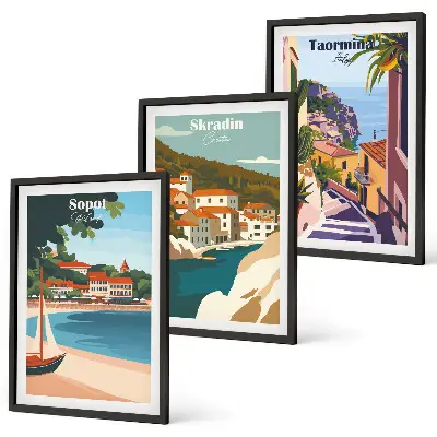 Ilustracije primorskog grada triptih u okviru