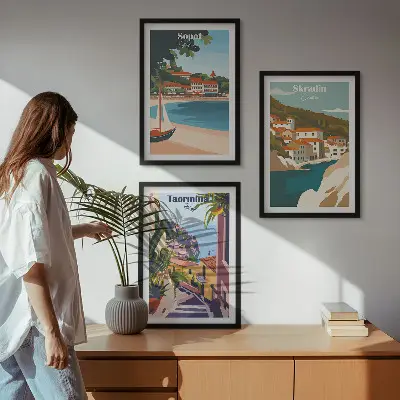 Ilustracije primorskog grada triptih u okviru