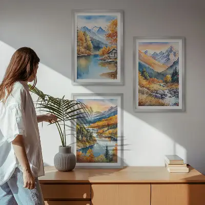 Zidna galerija planinski krajolik s rijekom u jesenskom ambijentu