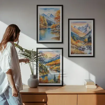 Zidna galerija planinski krajolik s rijekom u jesenskom ambijentu