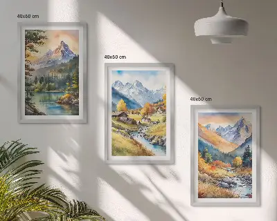 Planinski krajolik s rijekom triptih u okviru