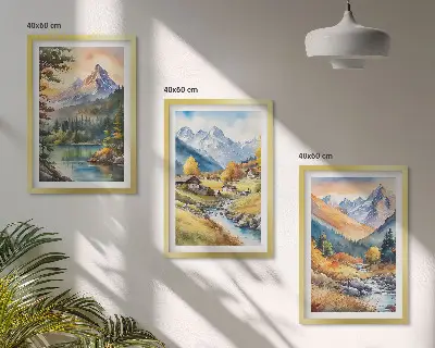 Planinski krajolik s rijekom triptih u okviru