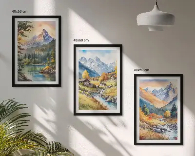 Planinski krajolik s rijekom triptih u okviru