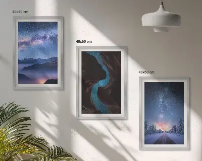 Set 3 slike u okviru noćno nebo, planine i zimski krajolik