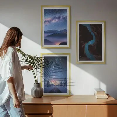 Set 3 slike u okviru noćno nebo, planine i zimski krajolik