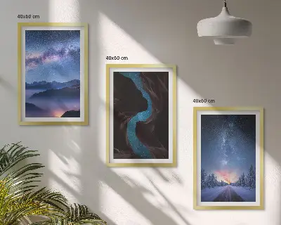 Set 3 slike u okviru noćno nebo, planine i zimski krajolik