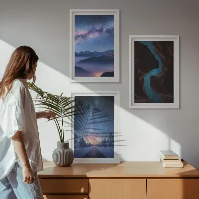 Set 3 slike u okviru noćno nebo, planine i zimski krajolik
