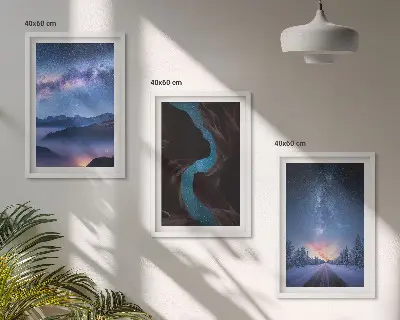 Set 3 slike u okviru noćno nebo, planine i zimski krajolik