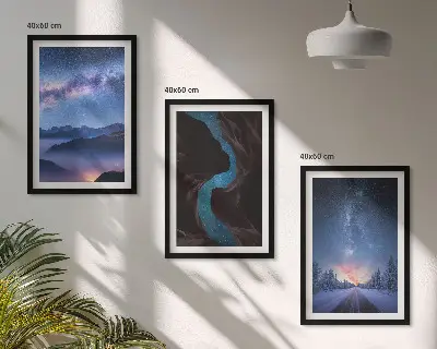 Set 3 slike u okviru noćno nebo, planine i zimski krajolik