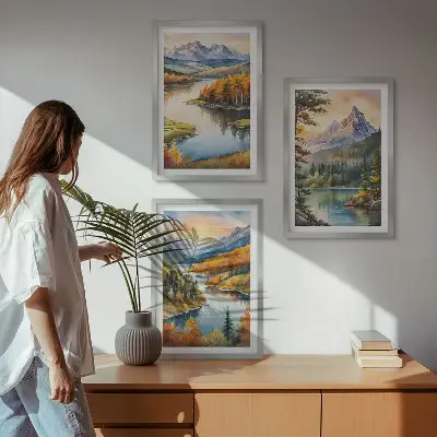 Planinski krajolici s rijekom triptih u okviru