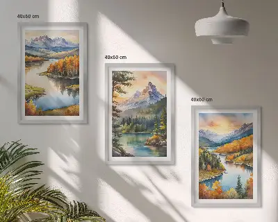 Planinski krajolici s rijekom triptih u okviru